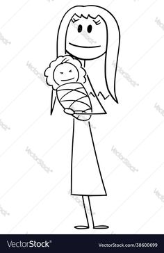 a woman holding a baby in her arms black and white line art drawing on paper