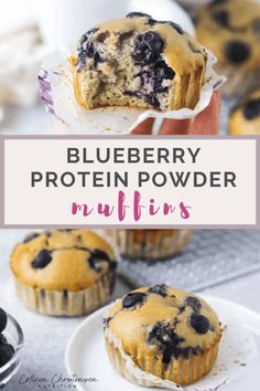 blueberry protein powdered muffins on a plate with the title overlay