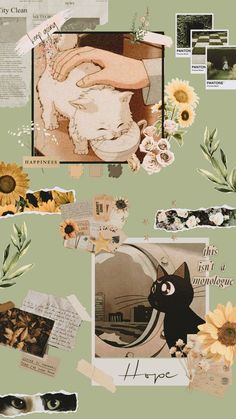 a collage of pictures with sunflowers, flowers and other things on it