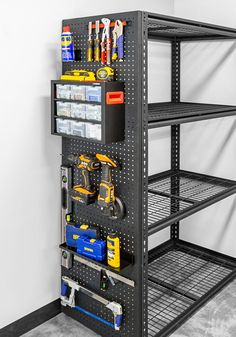 the shelving unit is organized with tools