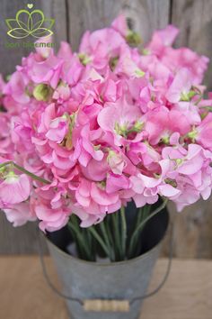 pink flowers are in a metal bucket on a table