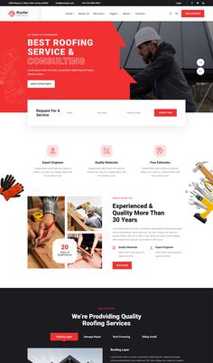 the website design for roofing company is shown in red and black, with an image of