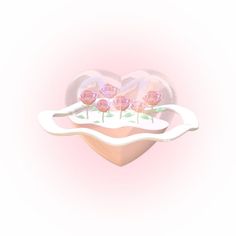 three roses in a heart shaped vase on a pink background