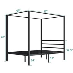 a bed frame with measurements for the top and bottom posts on each side, along with an attached headboard