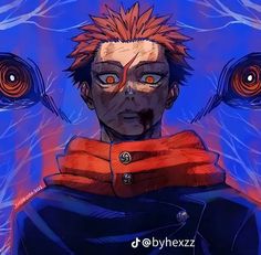 an anime character with red hair and orange eyes