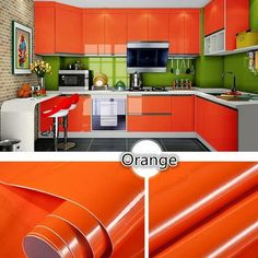 an orange kitchen with green walls and white appliances in the center, and on the other side there is a large roll of vinyl