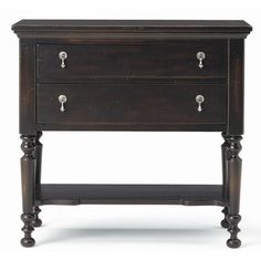 an antique style night stand with two drawers and one drawer on the bottom, against a white background