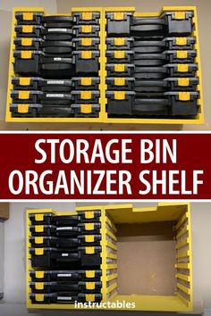 storage bin organizer shelf with yellow and black boxes filled with tools on top, underneath the words storage bin organizer shelf