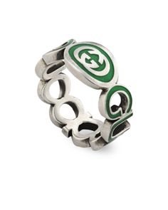 Gucci Sterling Silver Interlocked G Green Enamel Logo Ring Green Gucci, Gucci Earrings, Wedding Band Rings, Gucci Jewelry, Classic Wedding Rings, Diamond Supply, Cufflinks Wedding, Enamel Ring, Ear Cuffs