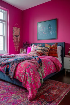 Fuchsia is a confident and daring pink that makes a strong statement in a teenager's bedroom. Match it with modern or metallic accents for a trendy look. Tap to see more fuchsia pink bedroom designs. Fuchsia Interior Design, Pink Navy Bedroom, Women Room Ideas, Magenta Bedroom, Hot Pink Bedroom, Pink And Purple Bedroom, Hot Pink Room