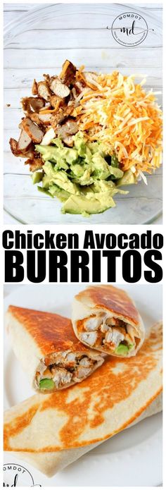 chicken avocado burritos with shredded cheese and guacamole in the background