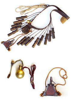 an assortment of antique items including bells, cords and necklaces are shown on a white background