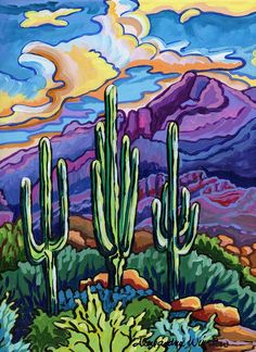 an acrylic painting of a desert scene with cacti and mountains in the background