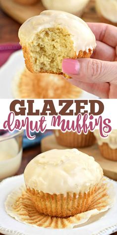 glazed donut muffins with white frosting on top and the words glazed donut muffins above them