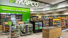 the interior of a grocery store with many items on display