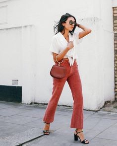 Corduroy Fashion, Mid Heel Sandals, Sandal Heels, Red Pants, Trending Styles, Top Top, Front Tie Top, White Crop