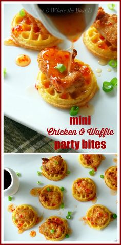 mini chicken and waffle party bites on a plate with sauce being poured over them