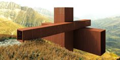 an artistic rendering of a cross on top of a hill with mountains in the background