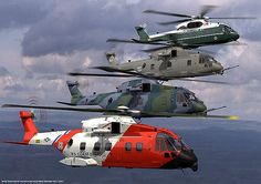 four helicopters flying in the sky with one red and one green on each side