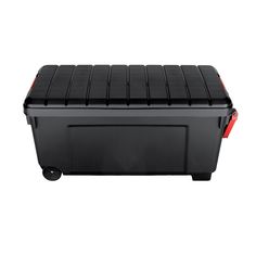 a large black cooler with wheels on it's side and the lid closed up