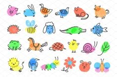 an image of different colored animals and insects on a white background with watercolor effect