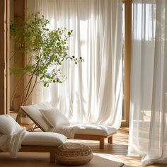 a living room with white drapes and a chair next to a plant in the corner