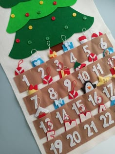 a bulletin board with numbers and christmas tree on it's side, next to an ornament