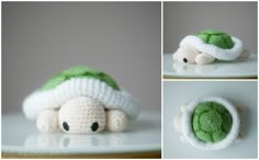 crocheted turtle toy laying on top of a white plate