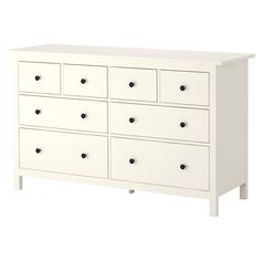 a white dresser with six drawers and two doors on each side, in front of a white background