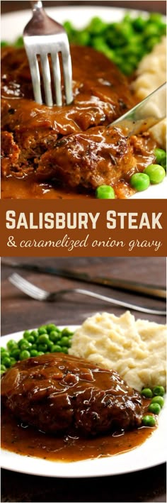 steak, mashed potatoes and peas on a white plate with a fork in it