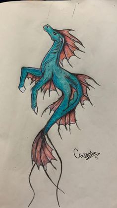 a drawing of a blue and red dragon