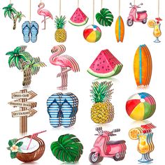 a bunch of different items that are hanging on a line with some watermelon, pineapples and flamingos