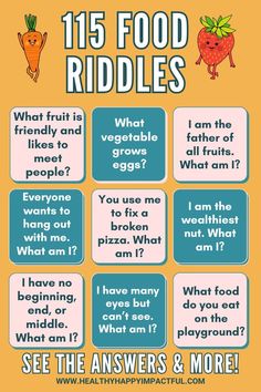 a poster with words and pictures on it to describe what food riddles are in each