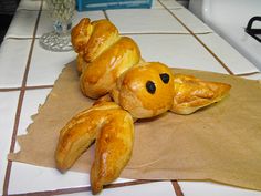 there is a croissant shaped like a turtle on the counter