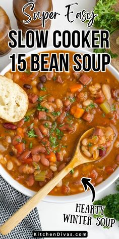 a white bowl filled with bean soup next to bread