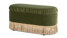 a green ottoman with fringe trim on the top and bottom, sitting in front of a white background