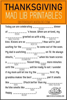 thanksgiving mad lib printables for kids to help them learn how to read