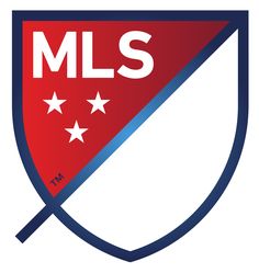 the mls logo is shown in red, white and blue