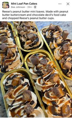 three tins filled with ice cream and caramel swirl desserts on top of each other