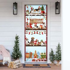 a door with christmas decorations and dogs on it