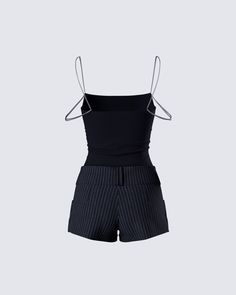 She's chic or whatever 😌 Be ready to slay any occasion in this two-piece set featuring a black strappy chain top and black pinstriped shorts 🖤 Chic Short Tops For Party, Chic Short Tops For Parties, Chic Short-length Top For Party, Chic Short-length Tops For Parties, Chic Short-length Party Top, Chic Club Shorts For Summer, Chic Summer Club Shorts, Chic Club Shorts For Spring, Summer Night Out Tops With Built-in Shorts