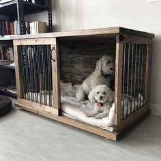 two dogs in a dog crate on the floor