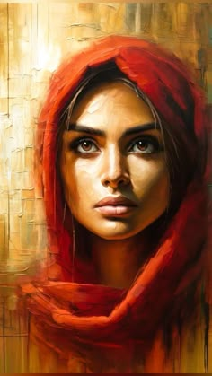 a painting of a woman with a red scarf on her head and eyes, looking at the camera