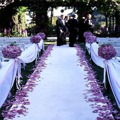 the wedding aisle is decorated with purple flowers