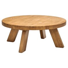 a wooden table with three legs and a round shape on the top, against a white background