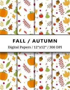 autumn digital papers with leaves, apples and acorns