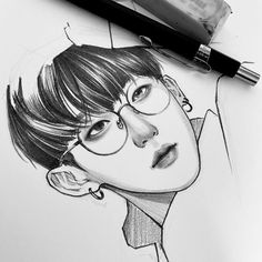 a pencil drawing of a young man with glasses on top of his head, next to a pen and marker