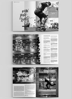 an open magazine with black and white images on it's front pages, featuring skateboarders doing tricks