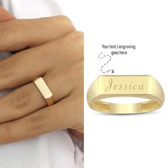 One word, letter or number combination can be stamped on the ring if you want. Please note your personalization during checkout. 14k Gold Stick Band Engravable Ring is also avaliable: https://www.etsy.com/listing/1353343274/ 14k Gold Hexagon Initial Ring is also avaliable: https://www.etsy.com/listing/1365734553/ 14k Gold Bold Initial Ring is also avaliable: https://www.etsy.com/listing/1351651650/ 14k Gold Adjustable Stackable Ring is also avaliable: https://www.etsy.com/listing/1351596112/ 14k Classic 14k Gold Initial Ring For Personalized Gift, Classic Rings With Custom Name For Personalized Gift, Personalized Name Ring In Yellow Gold, Customizable 14k Yellow Gold Signet Ring, Classic 14k Gold Customizable Signet Ring, Personalized Initial Ring In Yellow Gold, Classic 14k Gold Customizable Rings, Classic Custom Name Rings For Personalized Gift, Customizable Classic 14k Gold Rings