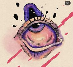 a drawing of an eye with a butterfly on it's iris and pink streaks